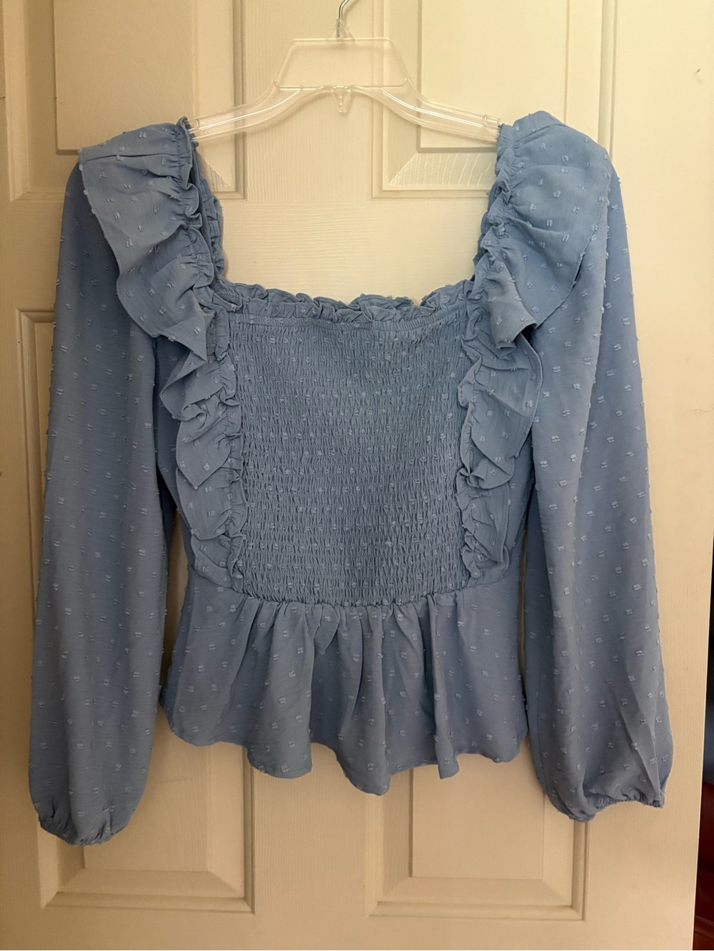 Altar'd State Size Med Smocked Front Light Blue Blouse, Long Sleeve